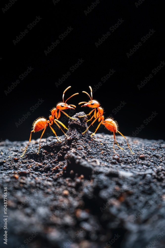 Poster ants working together to move an object, isolated to show coordination