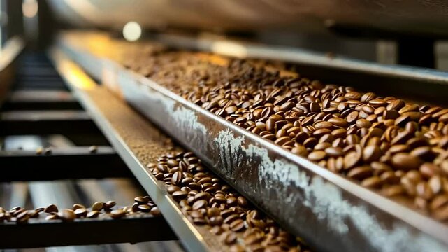 Coffee beans on conveyor in modern factory showcasing production process with industrial equipment, 4k video