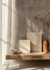 Two blank canvases, a wooden bowl, a vase with dried flowers, and a wooden shelf sit against a concrete wall bathed in natural light.