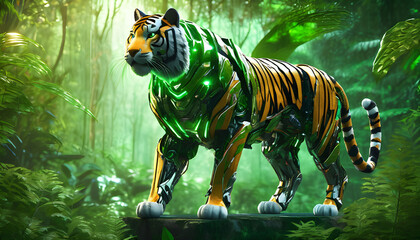 Naklejka premium A tiger robot standing in an artificial forest, with green light from leaves reflecting on the robot's metal surface.