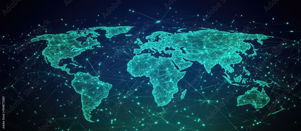 Poster abstract digital world map with glowing lines and dots on a dark blue background.