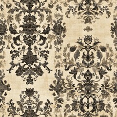 Vintage tapestry elaborate frame pattern on vintage beige fabric background, seamless repeating pattern, textile print style, minimal, tapestry design, seamless elaborate frame pattern, home decor