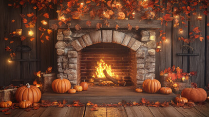 Cozy autumn fireplace adorned with pumpkins and autumn leaves, creating a warm atmosphere.