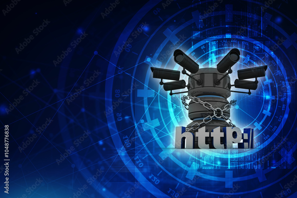 Poster 3d rendering https www sign with database under cctv camera