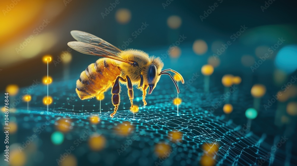 Poster bee collecting nectar from data points, symbolizing data collection and management