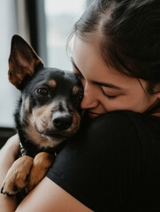 Obraz premium Young woman lovingly hugging her dog indoors