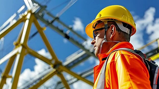 A worker in safety gear observes a construction site with power lines against a blue sky.
