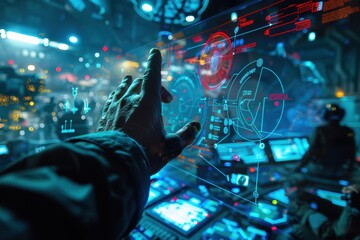 Futuristic Holographic Interface in High-Tech War Room for Strategic Defense Analytics