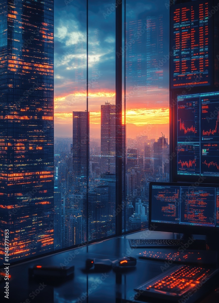 Poster a view of a modern cityscape from a high-rise office at sunset, with multiple computer screens displ