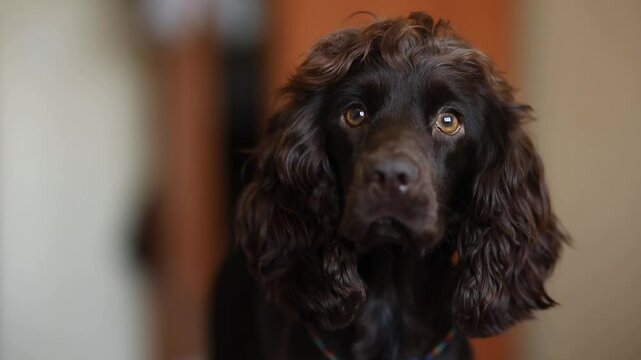 Young dark brown English Cocker Spaniel, close-up portrait. Young dark brown English Cocker Spaniel on the bed. A playful English Cocker Spaniel puppy looks at the camera. Happy puppy, soft focus