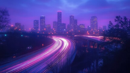 Fototapeta premium A view of a city skyline at dusk with cars driving on a highway, creating streaks of light.