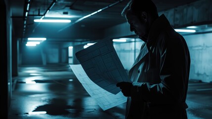 Corporate Investigator Reviewing Blueprints in Mysterious Parking Garage Setting for Suspense Themes