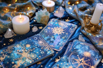 Celestial Tarot Deck with Crystals and Candles on Midnight Blue Fabric for Magical Occasions