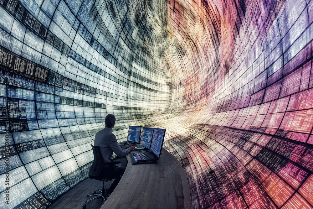 Wall mural a male it professional with their back to the viewer observing the large amount of computer monitors