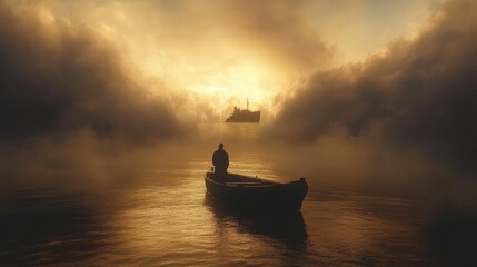 Silhouetted figure in a boat on a misty lake at sunset