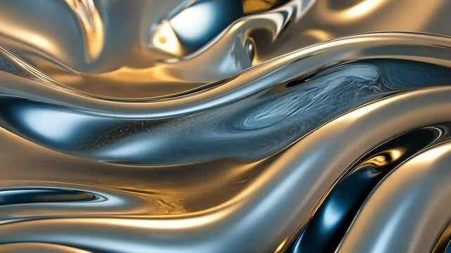 A close-up of fluid metallic textures showcasing a blend of silver and gold hues, creating a dynamic and visually striking abstract design.