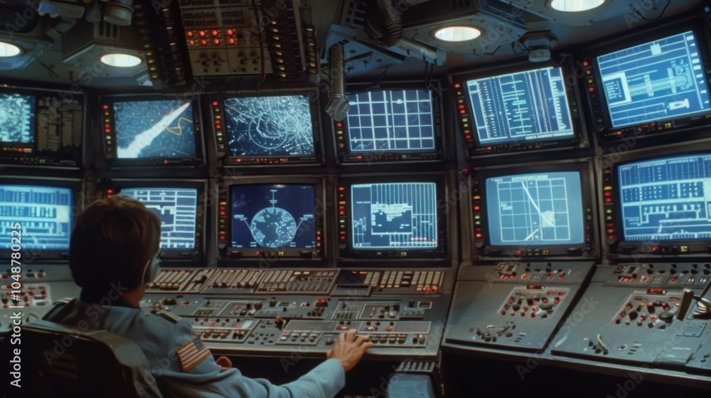 Poster intense missile command center with high-tech screens and control panels during launch sequence
