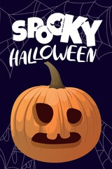 Halloween day poster or banner vector template. Halloween, zombies, pumpkins, hands, ghost, creepy trees, cemetery, cobwebs and realistic 3d Halloween design elements.