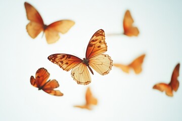 Fototapeta premium Vibrant orange butterflies in flight against a white background