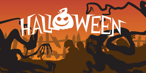 Halloween day poster or banner background vector template. Halloween, zombies, pumpkins, ghost, creepy trees, cemetery, cobwebs and realistic 3d Halloween design elements.