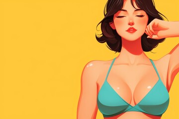 Illustration of a woman in a turquoise bikini against a bright yellow background, showcasing summer vibes and relaxation.