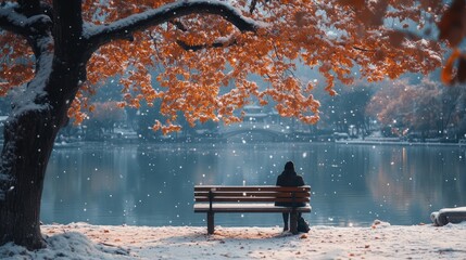 A lone figure sits on a bench overlooking a snow-covered lake with fallen leaves on the ground and a snow-covered bridge in the distance.
