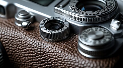 Close-up of a vintage camera lens and aperture ring.