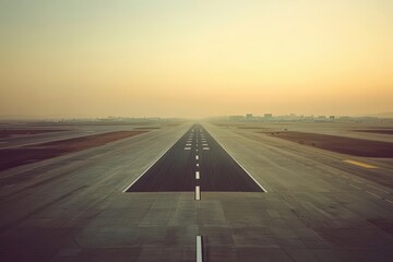 Runway at an airport with a city skyline in the distance