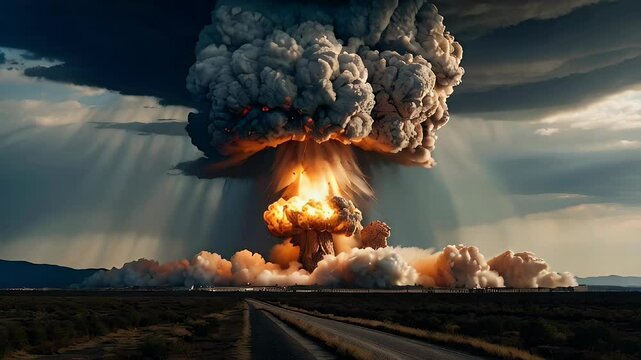 A powerful atomic mushroom cloud billowing into the sky after a nuclear explosion