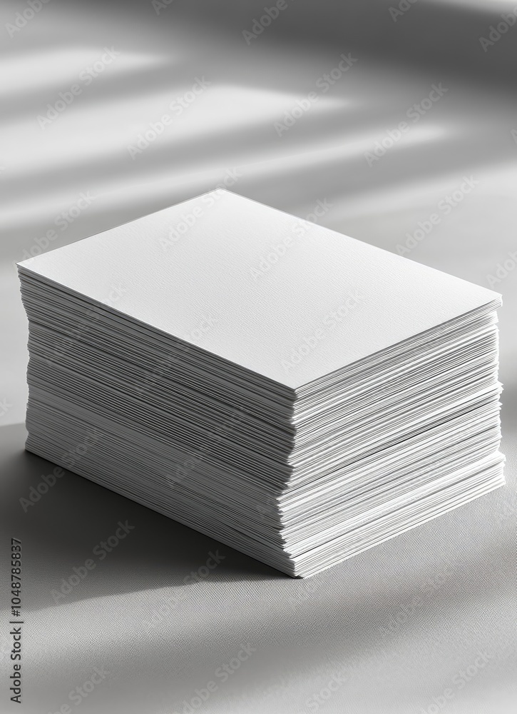Poster A stack of blank business cards on a white surface with shadows from sunlight streaming in through a window.
