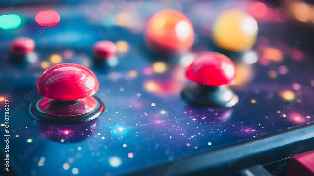 Poster Red buttons on a retro arcade game with a space-themed background.