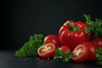 Fresh Red Tomatoes and Bell Peppers on Dark Background