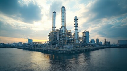 Obraz premium Industrial complex with tall chimneys and pipes against a cloudy sky at sunset.
