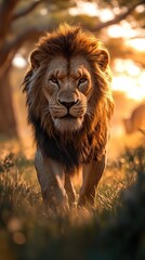 Fototapeta premium A majestic lion with a golden mane walks towards the camera in the golden light of sunset.