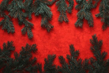 Green Pine Branches on Red Background for Festive Decor
