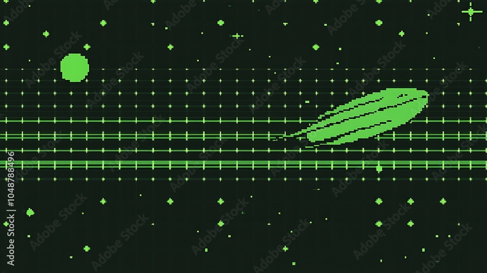 Poster a green spaceship flies across a digital galaxy with a green planet in the background.