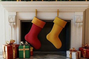 Red and yellow stockings hanging on a mantelpiece with gifts