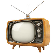 A wooden television with a white screen sits on a white background. The television is turned off. The television is old and has a vintage look