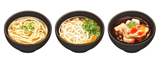 Set of top view udon noodle soup in a black bowl, isolated on a white transparent background