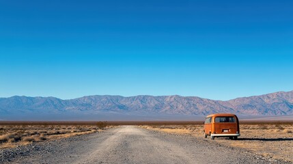 Vintage orange van on a remote desert road with mountains in the background