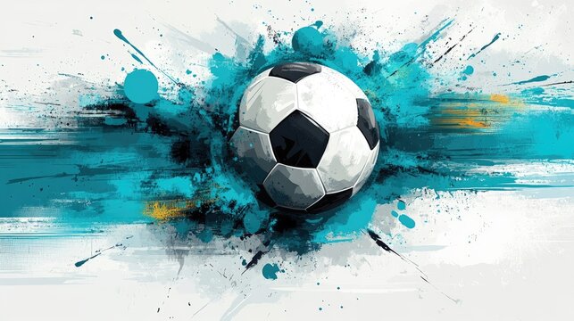 A soccer ball explodes from a blue and black abstract background.