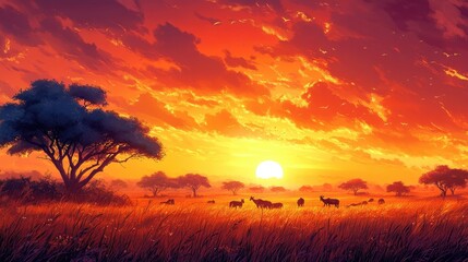 A stunning sunset casts a warm glow over the African savanna, illuminating a herd of antelopes grazing in the golden grass.