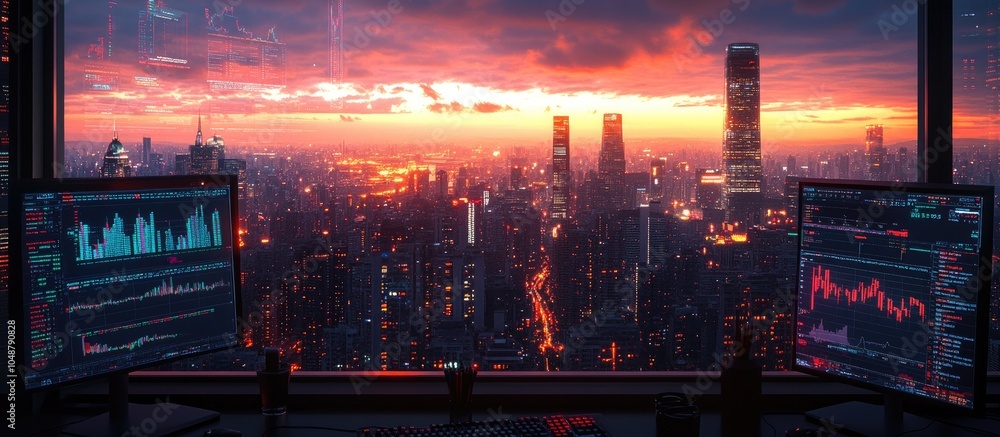 Poster cityscape view from an office with two computer monitors displaying stock charts during sunset.