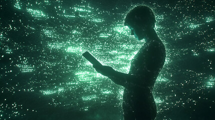 Fototapeta premium Seamless Tech Integration: Holographic Data Streams Surrounding a User with a Tablet for an Immersive Digital Experience