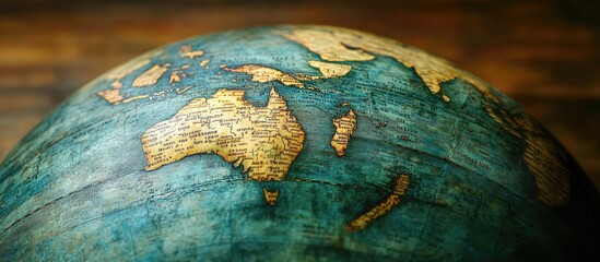 Close-up of a vintage globe showing Australia and surrounding countries with faded gold lettering.