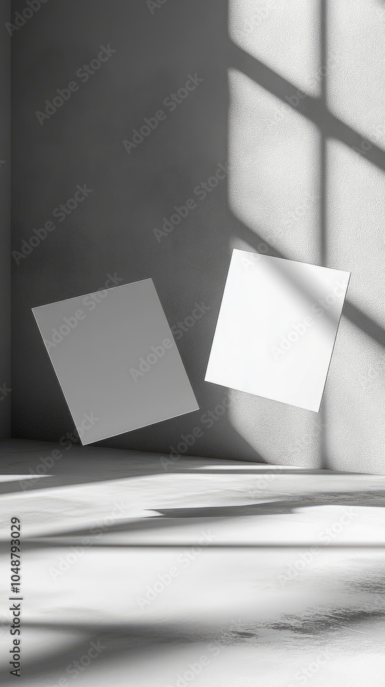 Poster two blank white squares floating in a room with sunlight streaming through a window, casting shadows