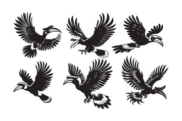 Naklejka premium Hornbill silhouette vector bundle illustration, Hornbill silhouette vector 