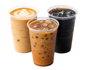 Three iced coffee drinks, white isolate background