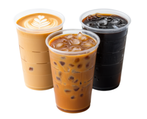 Three iced coffee drinks, white isolate background