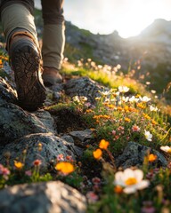 Hiker walking on mountain trail with blooming wildflowers